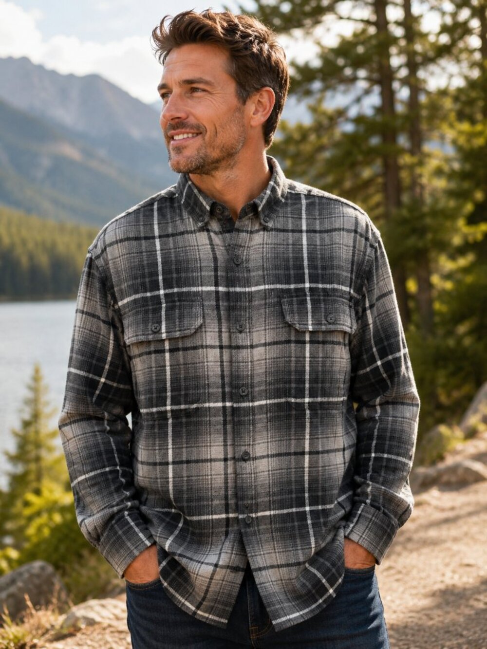 Wolverine Men’s L Gray Black Plaid Flannel Shirt Long Sleeve Button Up Workwear